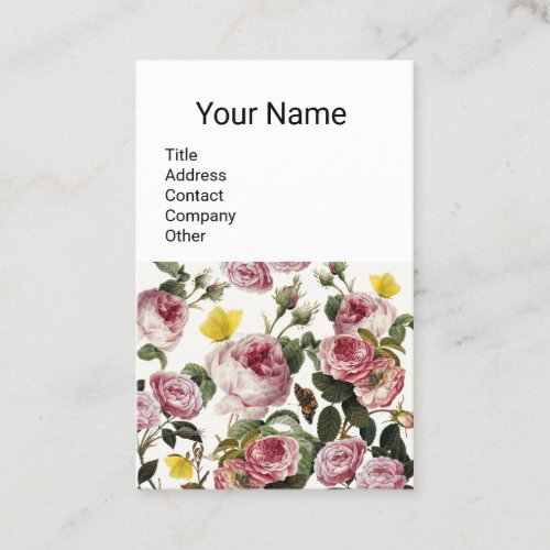 PINK ROSES AND YELLOW BUTTERFLIES  White Floral Business Card