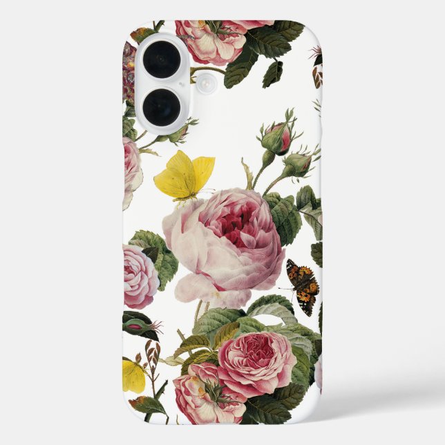 PINK ROSES AND YELLOW BUTTERFLIES White Floral Case-Mate iPhone Case (Back)