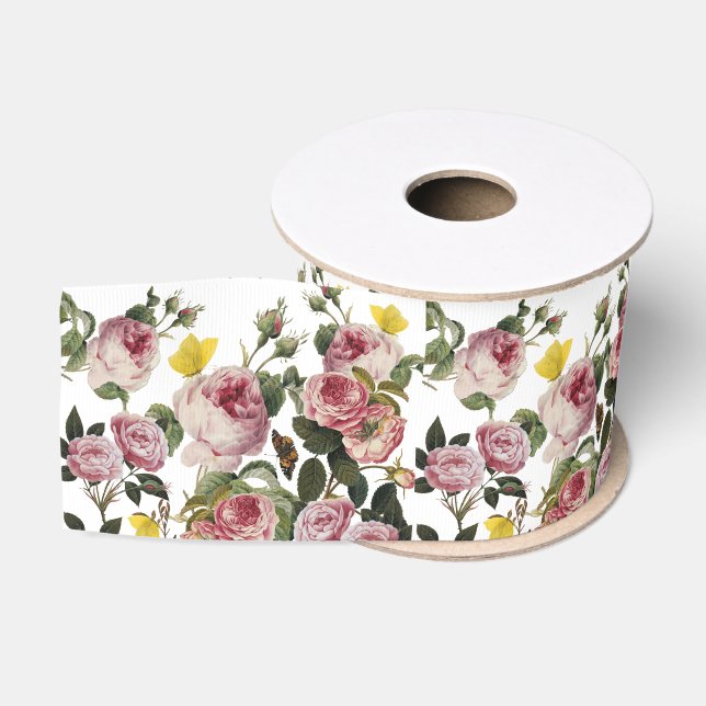 PINK ROSES AND YELLOW BUTTERFLIES White Floral Grosgrain Ribbon (Spool)