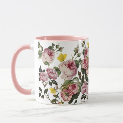 PINK ROSES AND YELLOW BUTTERFLIES White Floral Mug