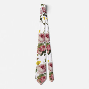 PINK ROSES AND YELLOW BUTTERFLIES White Floral Neck Tie