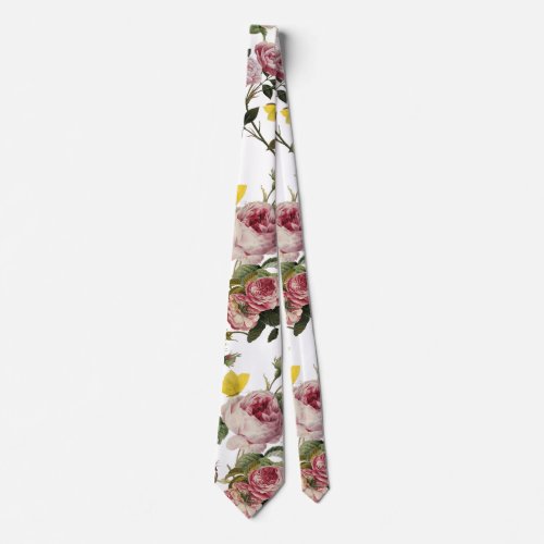 PINK ROSES AND YELLOW BUTTERFLIES White Floral  Neck Tie
