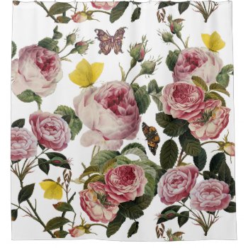 Pink Roses And Yellow Butterflies White Floral Shower Curtain by bulgan_lumini at Zazzle