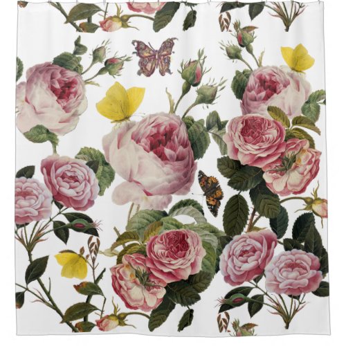 PINK ROSES AND YELLOW BUTTERFLIES White Floral Shower Curtain