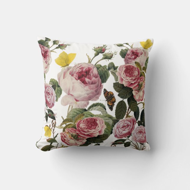 PINK ROSES AND YELLOW BUTTERFLIES White Floral Throw Pillow (Front)