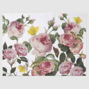 PINK ROSES AND YELLOW BUTTERFLIES White Floral Tissue Paper