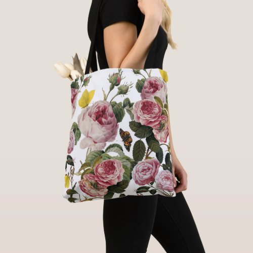 PINK ROSES AND YELLOW BUTTERFLIES White Floral Tote Bag