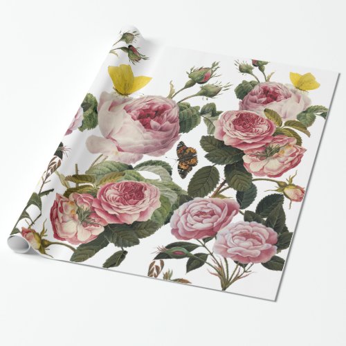 PINK ROSES AND YELLOW  BUTTERFLIES White Floral Wrapping Paper