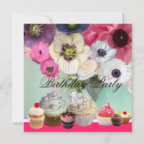 PINK ROSES ANEMONE FLOWERS AND CUPCAKES Birthday Invitation