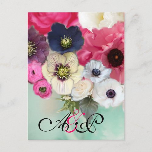 PINK ROSES ANEMONE FLOWERS MONOGRAM Save The Date Announcement Postcard