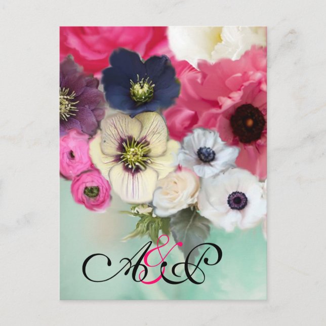PINK ROSES ,ANEMONE FLOWERS MONOGRAM Save The Date Announcement Postcard (Front)