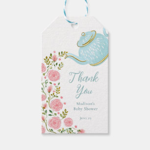 Pink Roses Aqua Tea Pot Gift Tag
