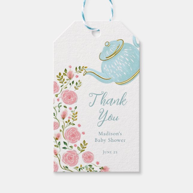 Pink Roses Aqua Tea Pot Gift Tag (Front)