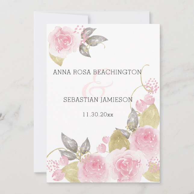 *~* Pink Roses AR15  QR - RSVP Gold Floral Wedding Invitation (Front)