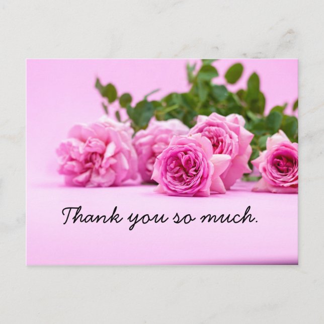 Pink roses are  on pink thank you postcard (Front)