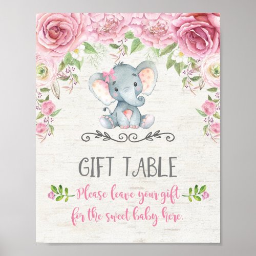 Pink Roses Baby Elephant Gift Table Sign Decor