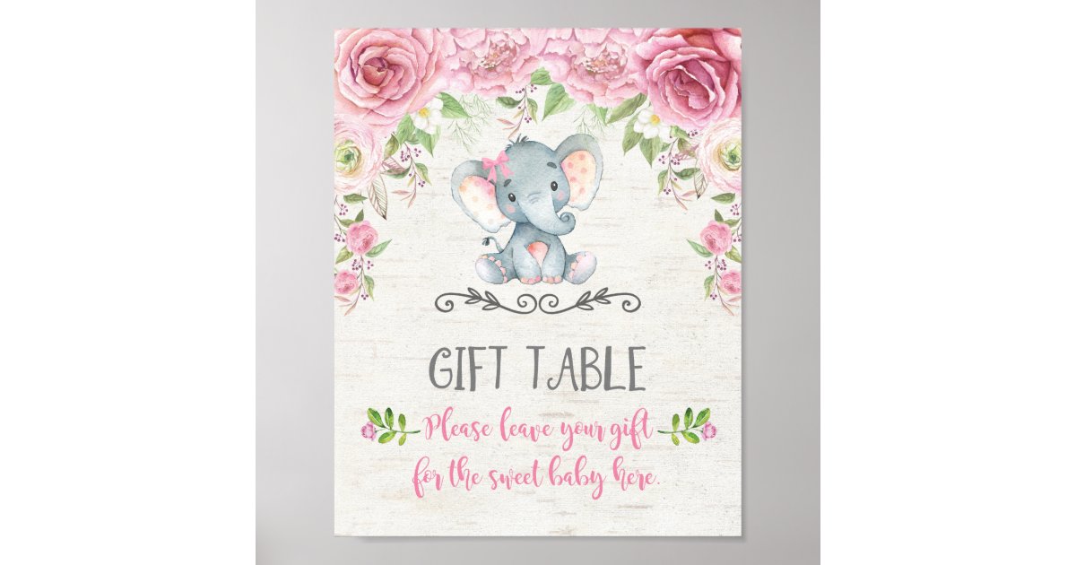 Pink Roses Baby Elephant Gift Table Sign Decor Zazzle Com