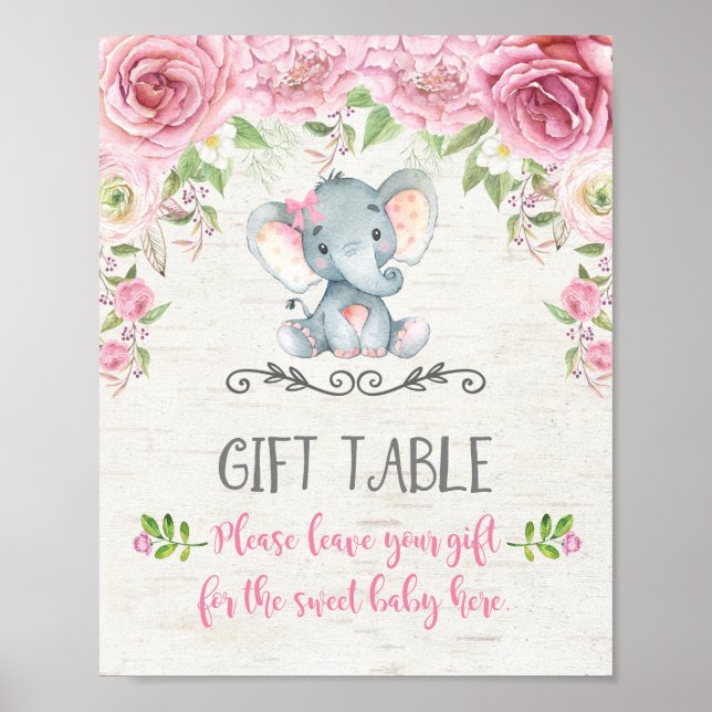 Pink Roses Baby Elephant Gift Table Sign Decor (Front)