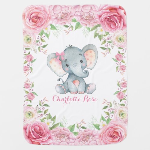 Pink Roses Baby Elephant Nursery Baby Blanket