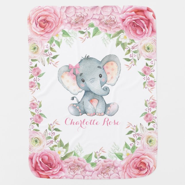Pink Roses Baby Elephant Nursery Baby Blanket (Front)