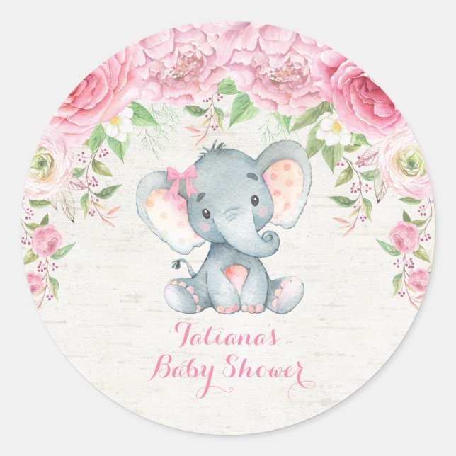 Pink Roses Baby Elephant Thank You Sticker Favors (Front)