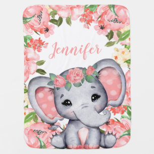 Pink Roses Baby Girl Elephant Custom Name Cute Blanket