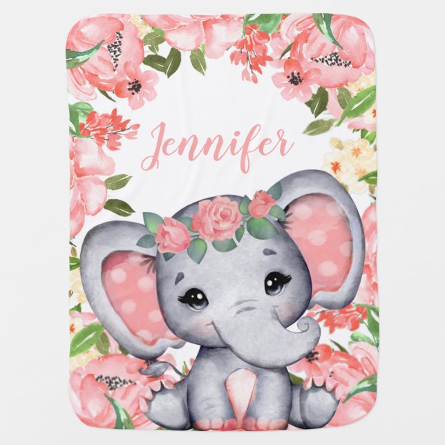 Pink Roses Baby Girl Elephant Custom Name Cute Blanket (Front)