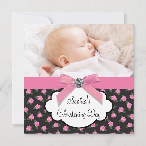 Pink Roses Baby Girl Photo Christening Personalized Invites