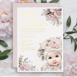 Pink Roses Baby in Bloom Girl Baby Shower Foil Invitation