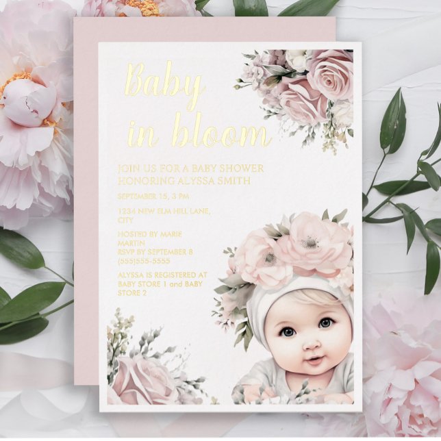 Pink Roses Baby in Bloom Girl Baby Shower Foil Invitation (Creator Uploaded)
