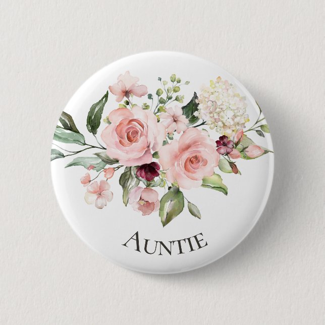 Pink Roses Baby Shower Button Aunt Button (Front)