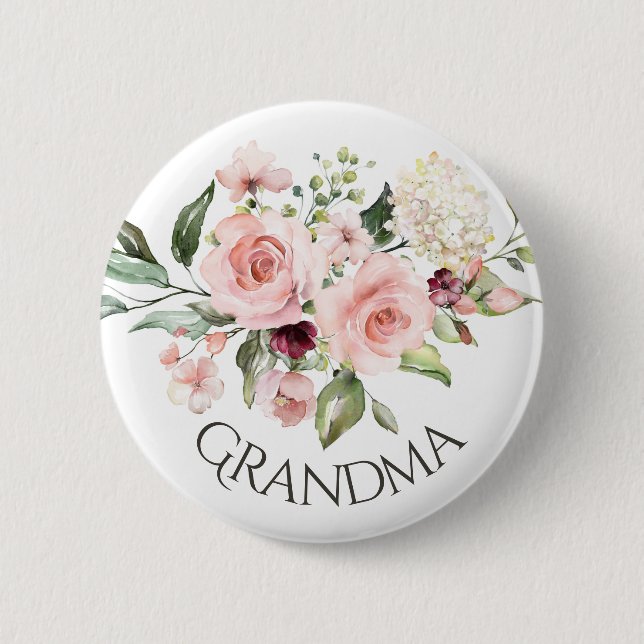 Pink Roses Baby Shower Button Grandma Button (Front)