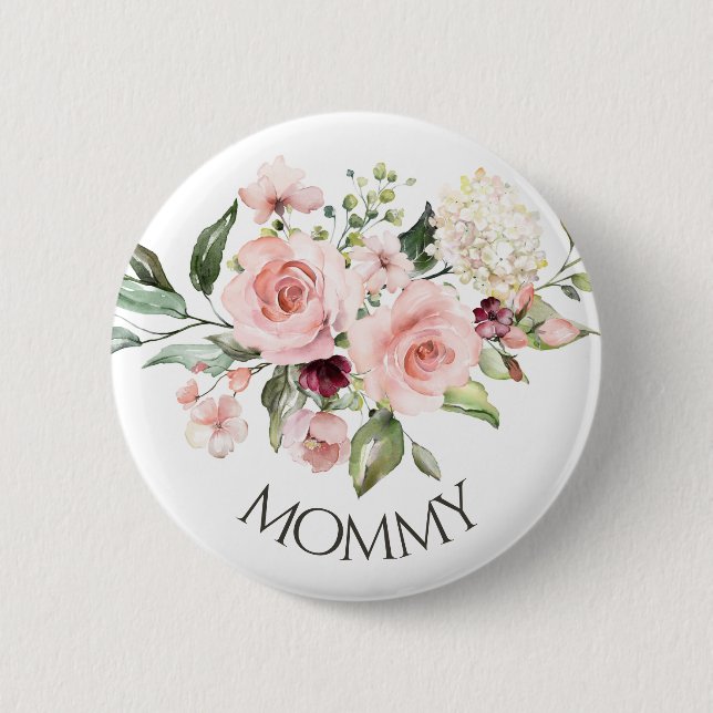 Pink Roses Baby Shower Button Mommy (Front)