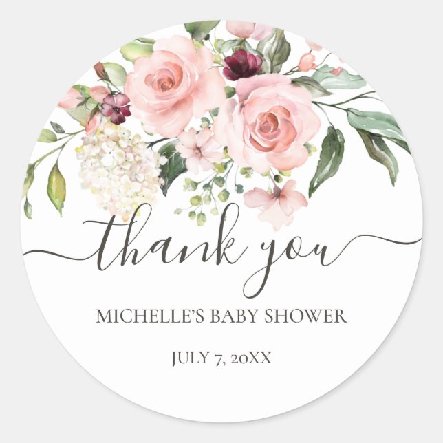 Pink Roses Baby Shower Thank You Favor Stickers (Front)