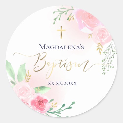 pink roses baptism classic round sticker