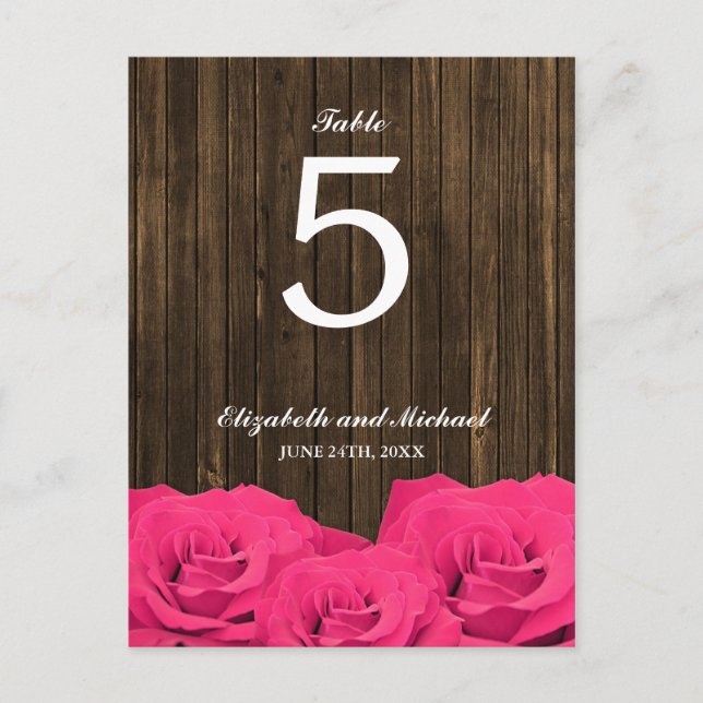 Pink Roses Barn Wood Wedding Table Number (Front)