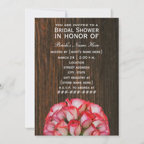 Pink Roses &amp; Barnwood Rustic Bridal Shower Invite