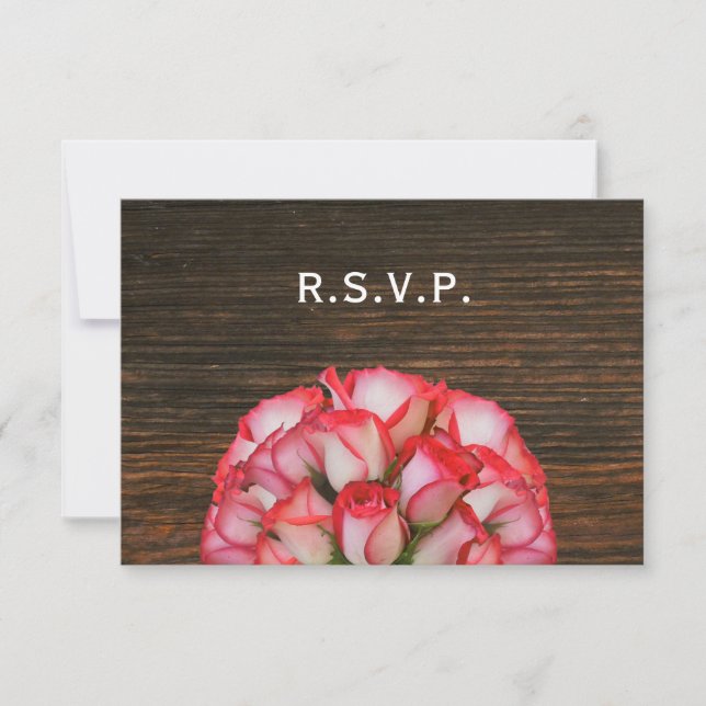 Pink  Roses & Barnwood Rustic Wedding RSVP Card (Front)