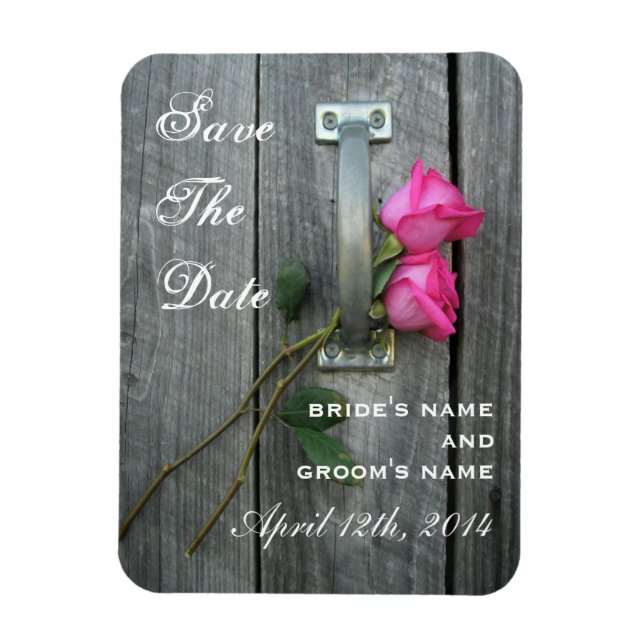 Pink Roses & Barnwood Save The Date Magnet (Vertical)