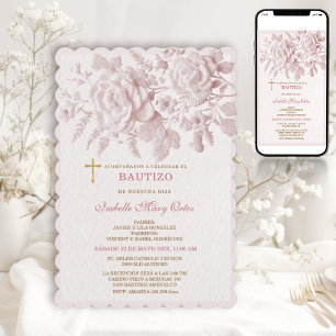 Pink Roses Bautizo Niña Faux Embossed Cross Invitation