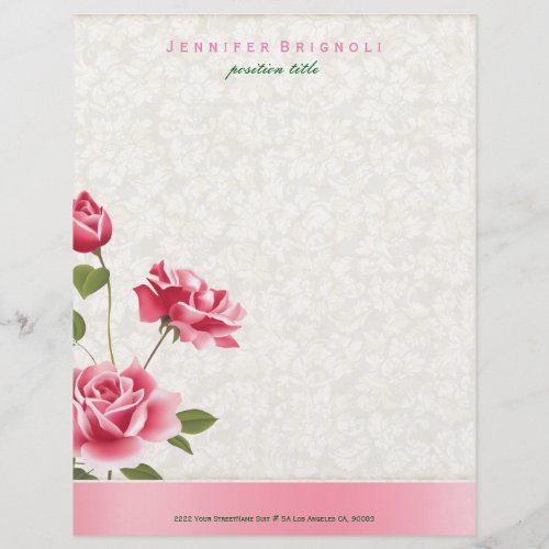 Pink Roses Beige Damasks Letterhead