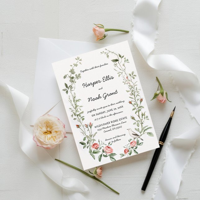 Pink Roses Bird Watercolor Hand-Written Wedding Invitation (watercolor roses wedding invitation french countryside garden backyard outdoors barn chic modern)