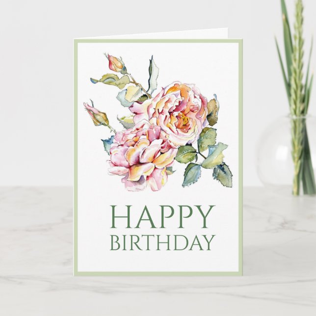 Pink Roses Birthday 5x7 Folded Card (Front)