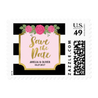 Pink Roses Black and White Stripes Save the Date Postage