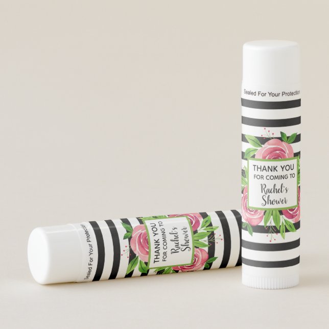 Pink Roses Black and White Stripes Thank You Gift Lip Balm (Front)