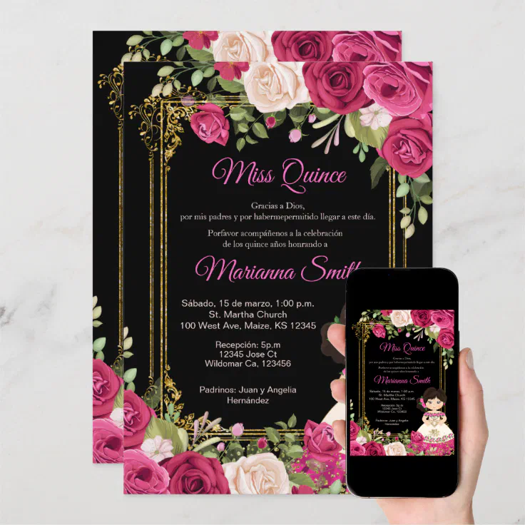 Pink Roses & Black Background Quinceanera Invitation | Zazzle