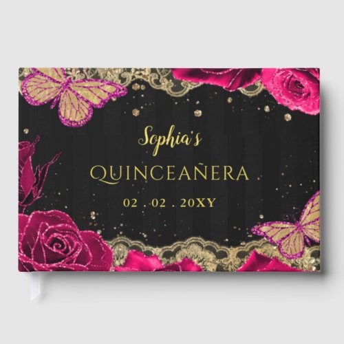 Pink Roses Black Gold Lace Butterfly Quinceaera Foil Guest Book