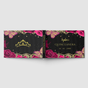 Pink Roses Black Gold Lace Butterfly Quinceañera Foil Guest Book