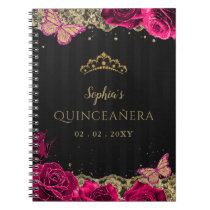 Pink Roses Black Gold Lace Quinceañera Guestbook Notebook