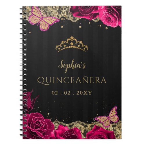 Pink Roses Black Gold Lace Quinceaera Guestbook Notebook